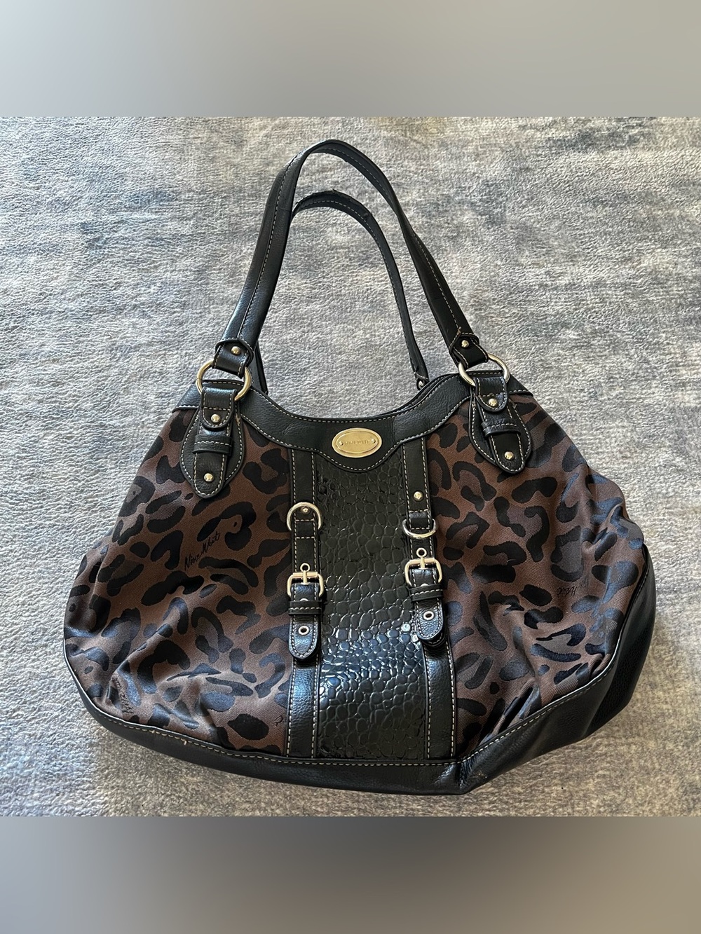 Nine West Leopard Tote Bag with Textured Center Panel